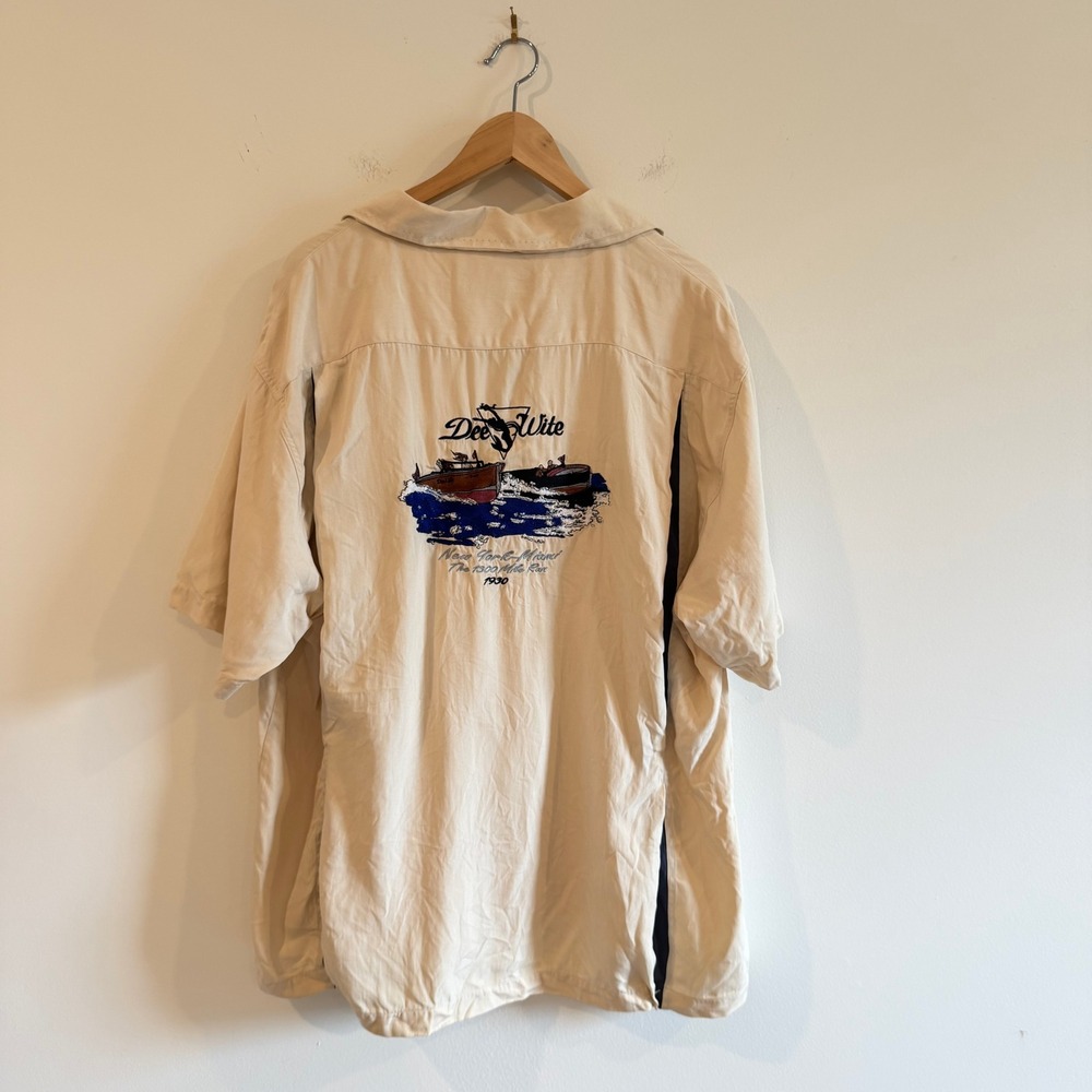 Nat Nast Luxury Originals Silk Boat Race Embroidery Shirt Mens Large Beige
